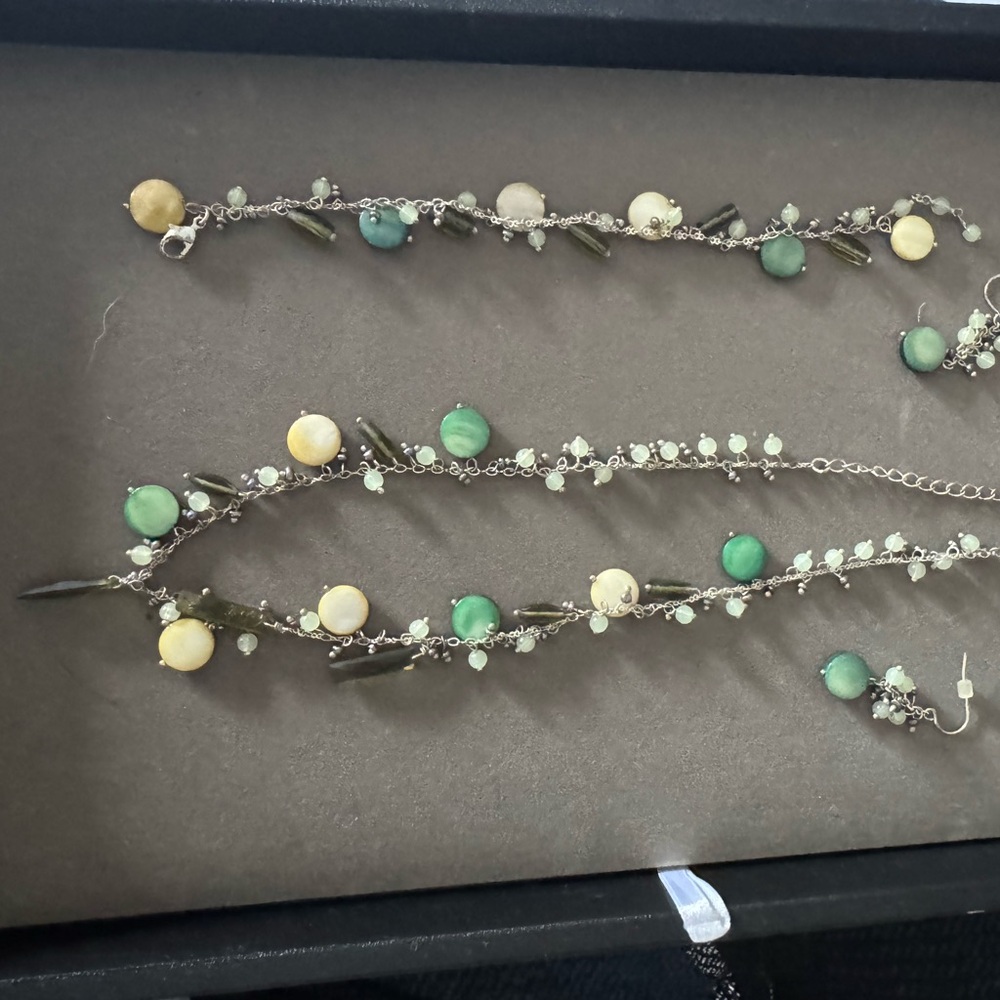 Lia Sophia Green and Yellow Beaded Necklace, Bracelet and earrings
